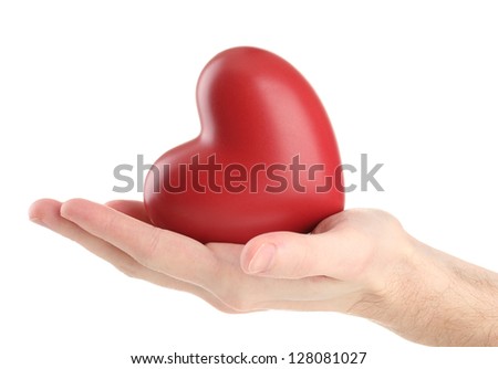 Red heart in man hand, isolated on white - stock photo