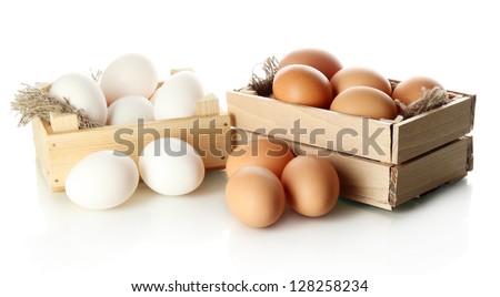 Many eggs in boxes isolated on white