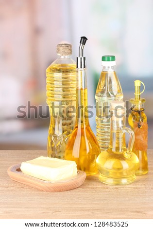 Different types of oil on table in kitchen