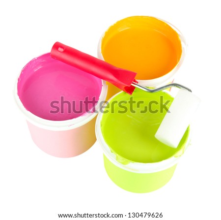 Set for painting: paint pots,  paint-roller isolated on white