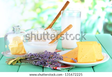Glass of milk and cheese  on natural background