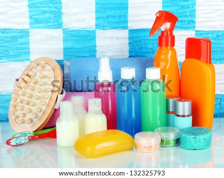 Hotel cosmetics kit on shelf in bathroom