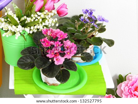 Colorful shelves and table with decorative elements and flowers