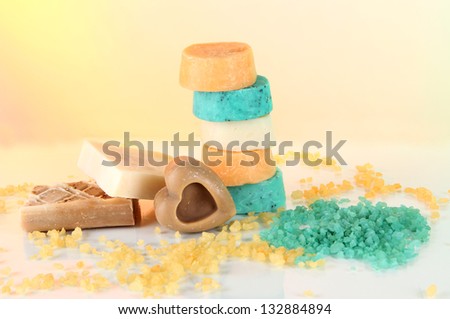 Variety of handmade soap on light background