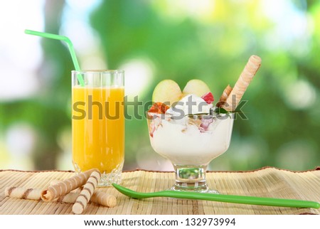 Ice cream with wafer sticks on nature background