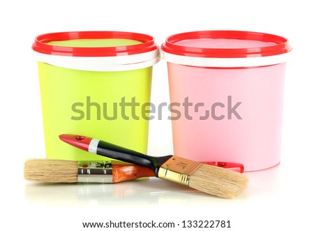 Paint pot,brushes and paint-roller isolated on white