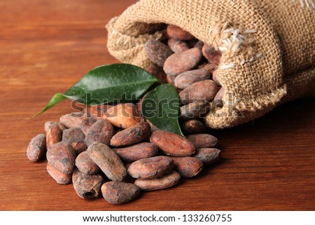 Cocoa beans in bag with leaves on wooden background