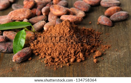 Cocoa beans and cocoa powder on wooden background
