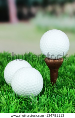 Golf balls on grass outdoor close up