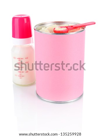 Powdered milk with baby bottle of milk isolated on white