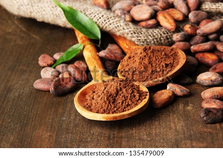 Cocoa powder in spoons and cocoa beans on wooden background