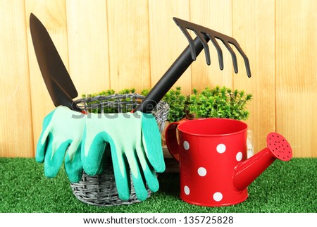 Garden tools on grass in yard