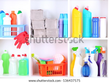 Shelves in pantry with cleaners for home close-up