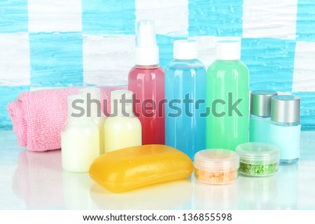 Hotel cosmetics kit on shelf in bathroom