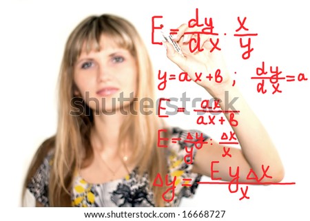 girl writing  math formulas on a white-board