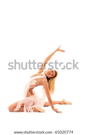 young and beautiful ballerina in white dress over white background