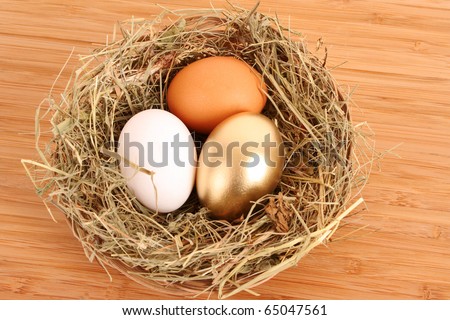 Brown,white and golden hen\'s egg in the grassy nest on the wooden table