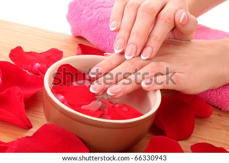 Hands with french manicure  relaxing in bowl of water with rose petals.