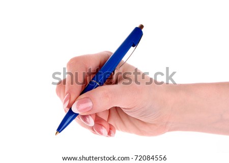 Blue pen in woman hand isolated on white