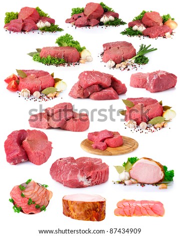 fresh raw meat collection isolated on white