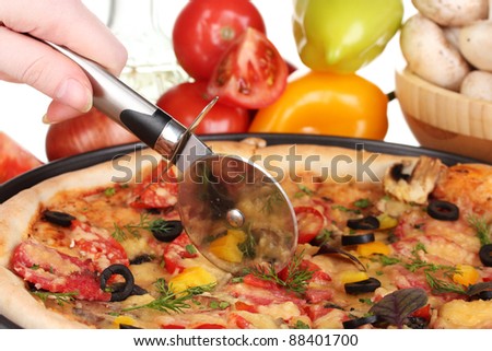 delicious pizza, vegetables, spices and oil isolated on white