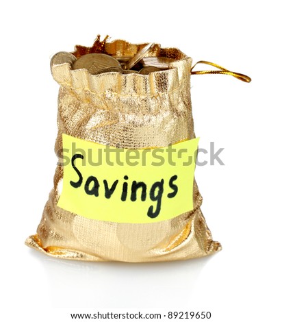 Golden bag for tips with money isolated on white