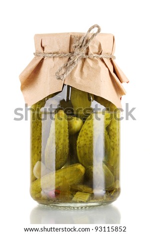 Marinated cucumbers in a glass jar isolated on white