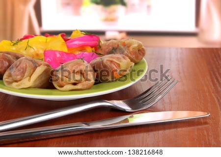 Stuffed cabbage rolls on table at home