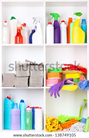 Shelves in pantry with  cleaners for home close-up