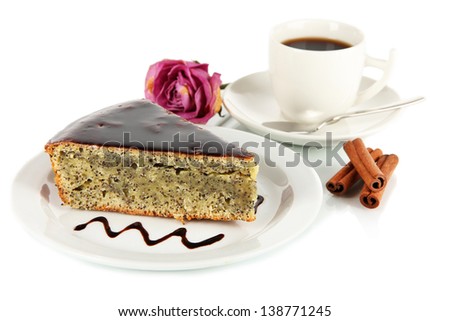 Delicious poppy seed cake with cup of coffee isolated on white