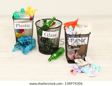 Buckets for waste sorting on room background
