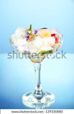 Ice cubes with flowers and herbs and fruits inside in cocktail glass, on blue background