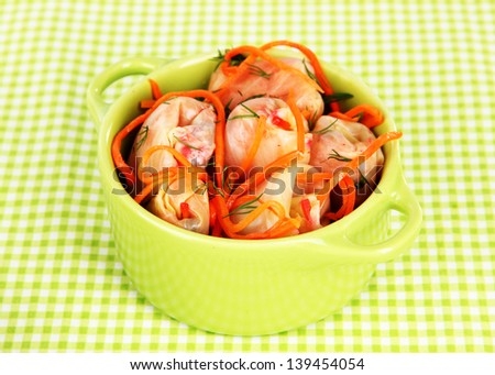 Stuffed cabbage rolls in pan on table