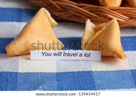 Fortune cookies on blue tablecloth