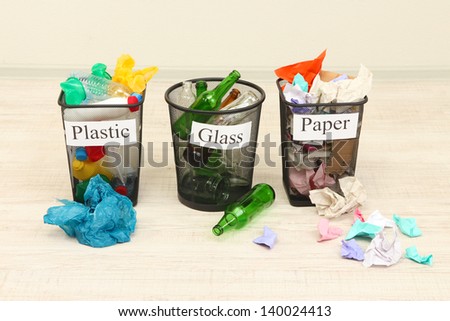 Buckets for waste sorting on room background