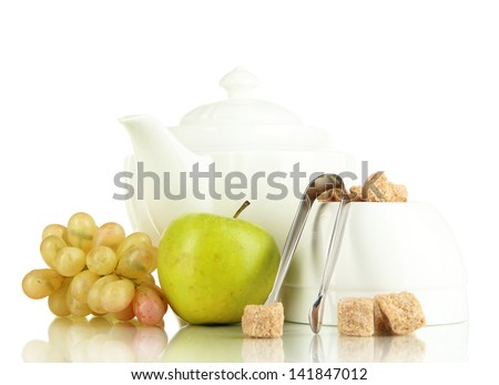 Unrefined sugar in white sugar bowl on white background