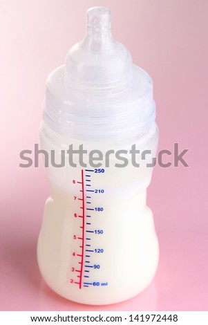 Bottle for milk formula on pink background