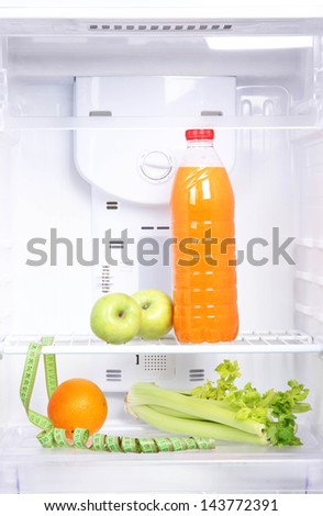 Open refrigerator with diet food