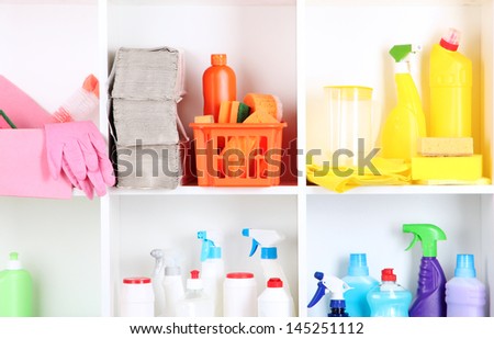 Shelves in pantry with cleaners for home close-up