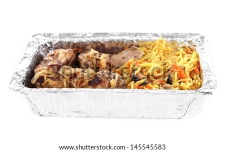 Food in box of foil isolated in white