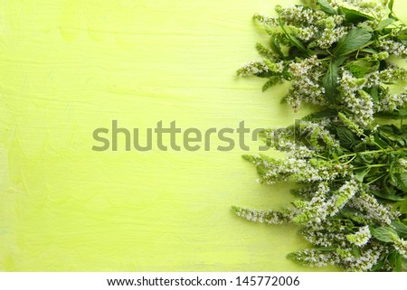 Fresh mint flowers on green wooden background