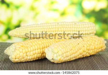 Fresh corn on bamboo mat, on bright background