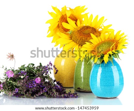 Beautiful sunflowers in color vases and wild flowers, isolated on white