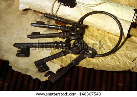 Antique keys and scroll on dark background