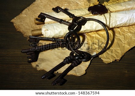 Antique keys and scroll on dark background