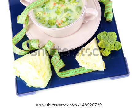 Cabbage soup in plate in balance isolated on white