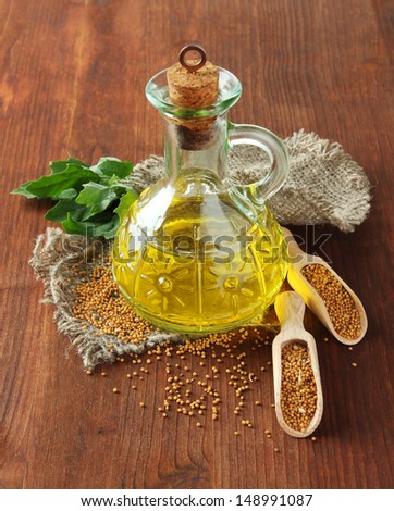 Jar of mustard oil and  mustard seeds on wooden background