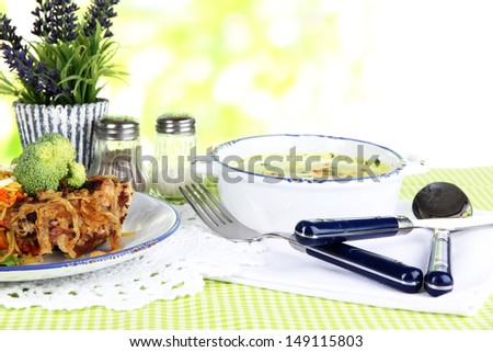 Soup and rice with meat in plates on napkin on tablecloth on nature background