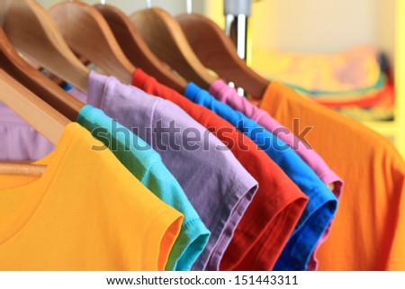 Variety of casual t-shirts on wooden hangers on shelves background