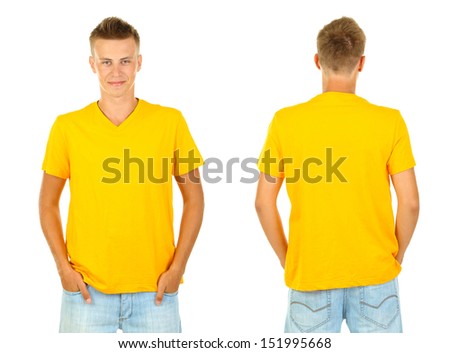 T-Shirt On Young Man In Front And Behind Isolated On White